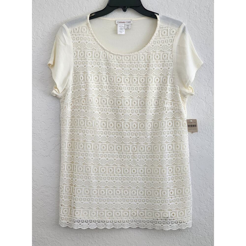 Top/Blouse-Coldwater Creek-Cream-Lace Front-Short Sleeves-Size M (8-10)
